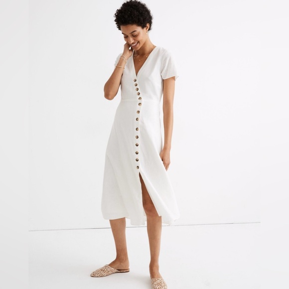 Madewell White Linen-Blend Button Front ‘Wrap’ Midi Dress - Size 12 - Picture 1 of 6